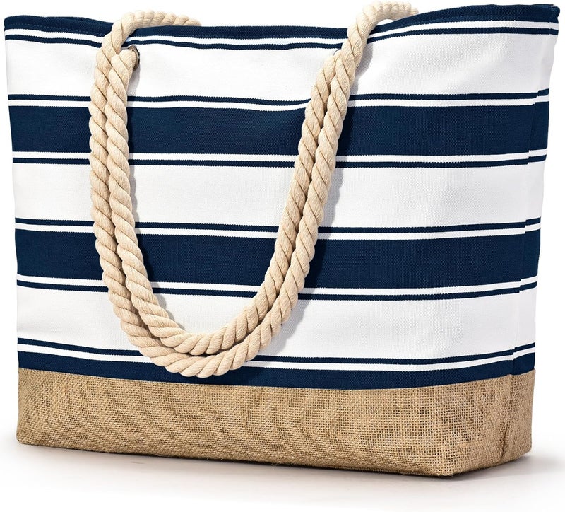 Becokan Beach Bags for Women Large Canvas Beach Tote Bag Beach Bags Waterproof Sandproof Swim Pool Bag Travel Essentials - Image 1